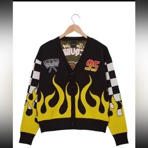 Pixar Cars Lightening McQueen Womens Cardigan Flame Checkered Sweater Size XS